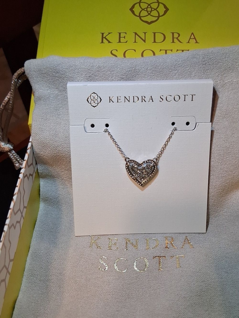 Kendra Scott Ari Heart Pendant Drusy Rhod Platinum Necklace New